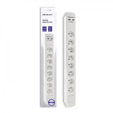 Prelungitor electric cu cablu protectie supratensiune si comutator QOLTEC 2 x USB, 8 prize, 1.8 m, alb