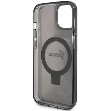 Husa Guess Ring Stand Script Glitter MagSafe case for iPhone 14 / 15 / 13 - black