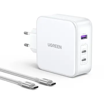 Incarcator de retea UGREEN CD289 2x USB Type-C,1x USB GaN 140W + Cablu usb Type-C la USB Type-C  Alb