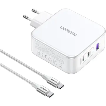 Incarcator de retea UGREEN CD289 2x USB Type-C,1x USB GaN 140W + Cablu usb Type-C la USB Type-C  Alb
