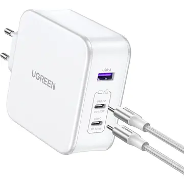 Incarcator de retea UGREEN CD289 2x USB Type-C,1x USB GaN 140W + Cablu usb Type-C la USB Type-C  Alb