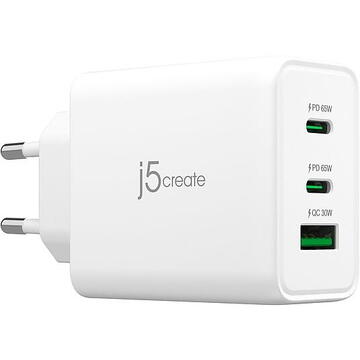 Incarcator de retea J5CREATE Incărcător de retea 65W GAN USB-C 3-PORT CHARGER/EU Alb