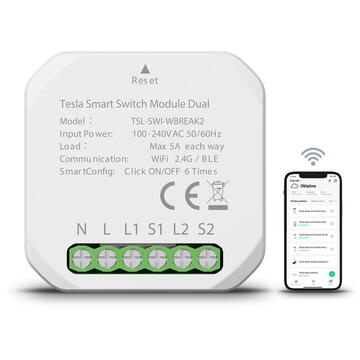 Intrerupator inteligent TESLA TSL-SWI-WBREAK2, Wireless, 1200 W, 240 VAC, 5 A, Alb