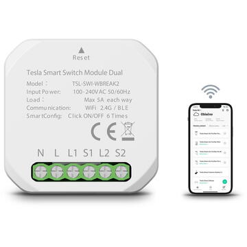 Intrerupator inteligent TESLA TSL-SWI-WBREAK2, Wireless, 1200 W, 240 VAC, 5 A, Alb
