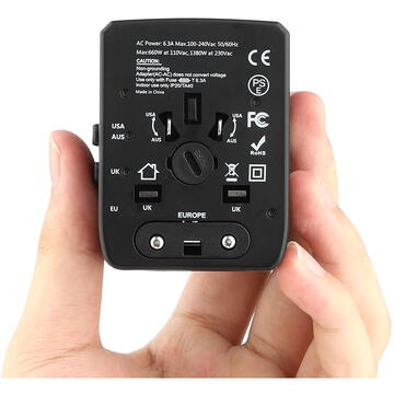 Adaptor pentru Priza 3 x USB, Type-C, EU, UK, AUS, US - Techsuit (HHT904) - Black
