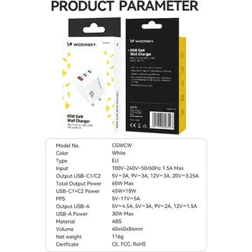 Incarcator de retea Wozinsky CGWCW 65W USB-A / 2 x USB-C GaN wall charger - white