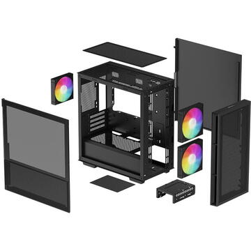 Carcasa CARCASA DeepCool "CH360", Mini Tower, ATX, fara sursa, 3xfan, USB 3.2 gen 1 x 1, USB 2.0 x 2, audio, PSU shroud, 4 sloturi expansiune, iluminare ARGB, negru, "R-CH360-BKAPE3-G-1" (timbru verde 0.24lei)