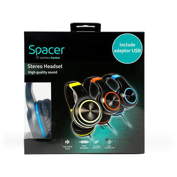 Casti CASTI Spacer, cu fir, standard, utilizare multimedia, microfon pe fir, pliabile, banda ajustabila, conectare prin adaptor USB 2.0 sau Jack 3.5 mm x 2, negru&amp;verde, "SPHS-PEARL-GR-USB", (timbru verde 0.8 lei)