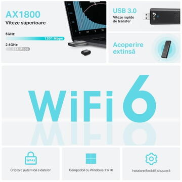 Placa de retea ADAPTOR RETEA TP-LINK AX1800, extern wireless 2.4 GHz | 5 GHz, USB 3.0, 1800 Mbps, WI-FI 6, antena interna x 2, "Archer TX20U" (timbru verde 0.18 lei)