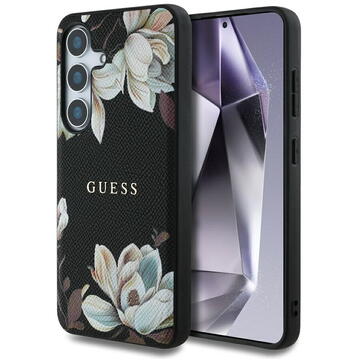 Husa Husa pentru Samsung Galaxy S25 - Guess Grained Flowers MagSafe (GUHMS25SPGNMPLMK) - Black
