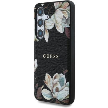 Husa Husa pentru Samsung Galaxy S25 - Guess Grained Flowers MagSafe (GUHMS25SPGNMPLMK) - Black