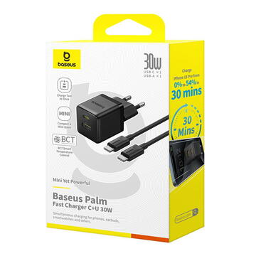 Incarcator de retea Baseus P1011160A113-01, 30 W, 1 x USB-A, 1 x USB-C, Negru