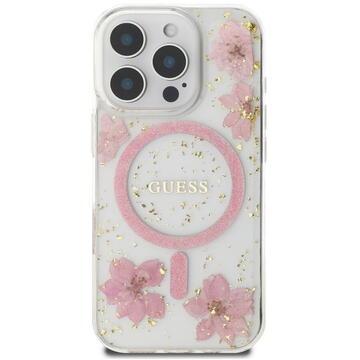Husa Husa pentru iPhone 16 Pro Max - Guess  Hardcase Resin Flowers and Glitter MagSafe (GUHMP16XRBFGFGMP) - Pink