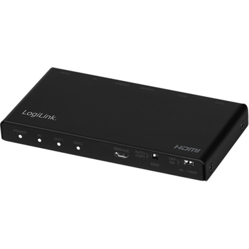 SPLITTER video LOGILINK, 1 x 2 port, Input: HDMI (M) x 1, Output: HDMI (M) 2.0 x 2, rezolutie maxima 4K UHD (3840 x 2160) la 60 Hz, HDCP 2.2, EDID, audio, negru, "HD0034" (timbru verde 0.8 lei)