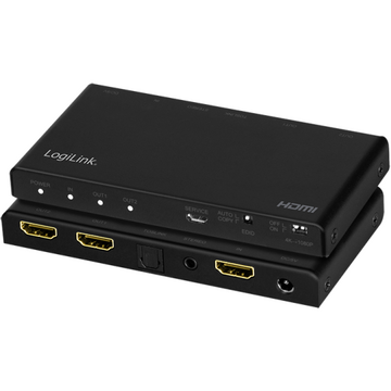 SPLITTER video LOGILINK, 1 x 2 port, Input: HDMI (M) x 1, Output: HDMI (M) 2.0 x 2, rezolutie maxima 4K UHD (3840 x 2160) la 60 Hz, HDCP 2.2, EDID, audio, negru, "HD0034" (timbru verde 0.8 lei)