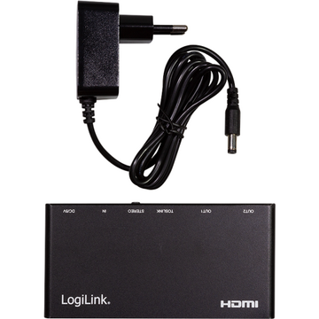 SPLITTER video LOGILINK, 1 x 2 port, Input: HDMI (M) x 1, Output: HDMI (M) 2.0 x 2, rezolutie maxima 4K UHD (3840 x 2160) la 60 Hz, HDCP 2.2, EDID, audio, negru, "HD0034" (timbru verde 0.8 lei)