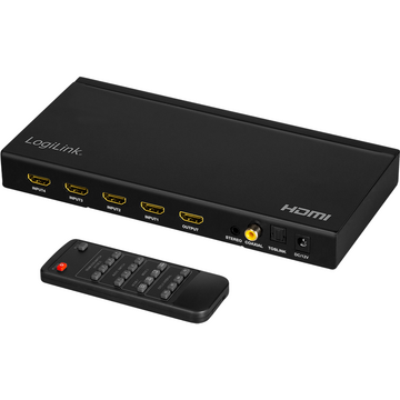 SWITCH video LOGILINK, 4 x 1 port, Input: HDMI (M) x 4, Output: HDMI (M) 1.3 x 1, Coaxial x 1, Toslink x 1, 3.5mm x 1, rezolutie maxima Full HD (1920 x 1080) la 60 Hz, negru, "HD0052" (timbru verde 0.8 lei)