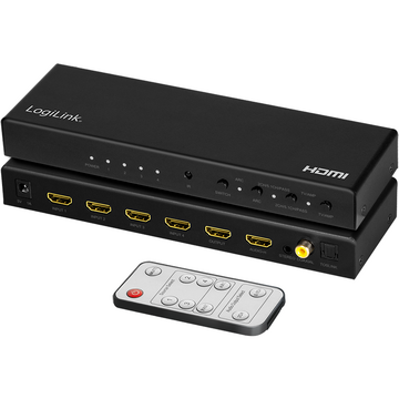 SWITCH video LOGILINK, 4 x 1 port, Input: HDMI (M) x 4, Output: HDMI (M) 2.0 x 1, Coaxial x 1, Toslink x 1, rezolutie maxima 4K (3840 x 2160) la 60 Hz, HDCP 2.2, audio, negru, "HD0046" (timbru verde 0.8 lei)